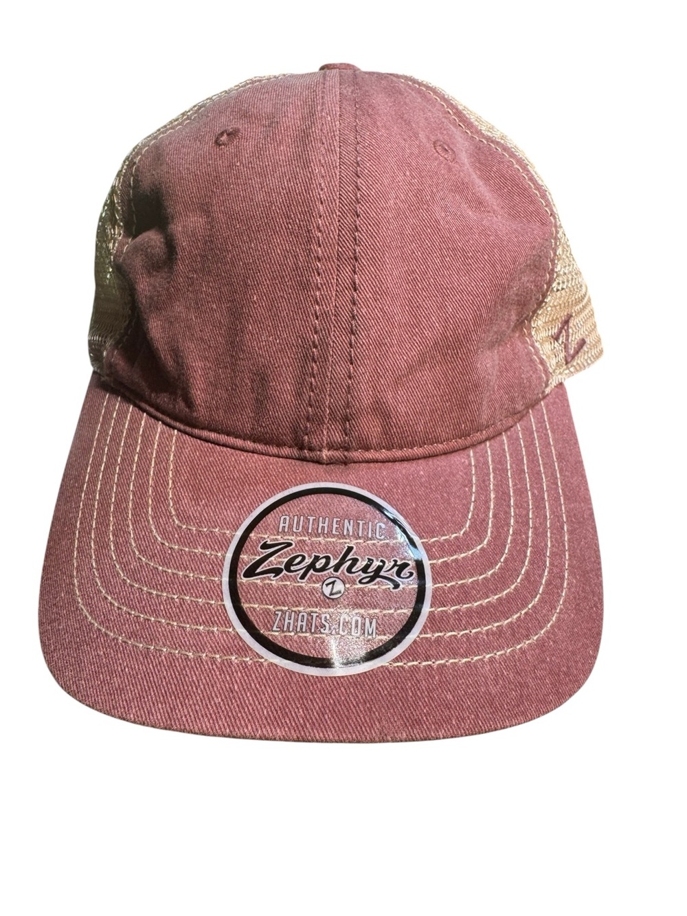 Zephyr Blank Unstructured Trucker Hat - Washed Burgundy / Tan Mesh Snapback Cap
